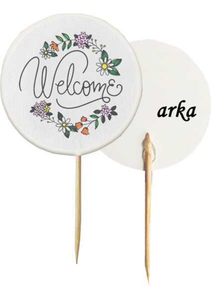 20 Adet Çiçekli Welcome Baskılı Cupcake Pasta Kürdanı 6,5 cm - Toothpick