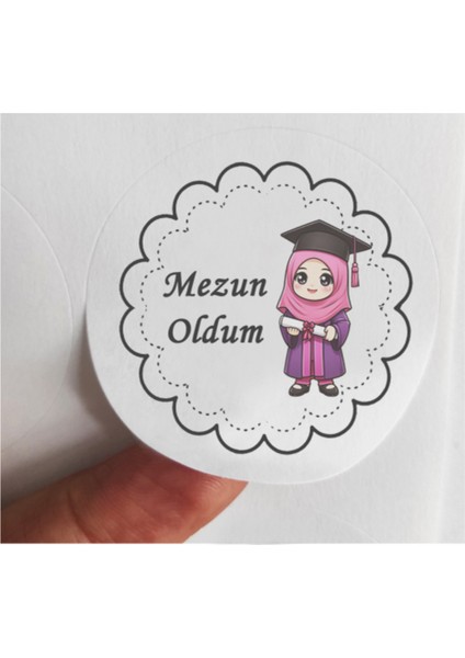 48 Adet 4 cm Kız Çocuk Mezun Oldum Mezuniyet Baskılı Mat Etiket Sticker