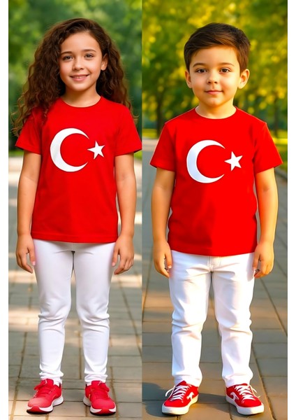 Çocuk Unisex Bisiklet Yaka Kırmızı Türk Bayraklı T-Shirt