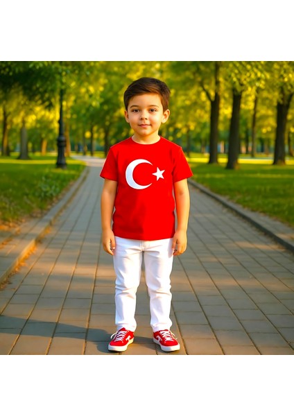 Çocuk Unisex Bisiklet Yaka Kırmızı Türk Bayraklı T-Shirt fiyatları