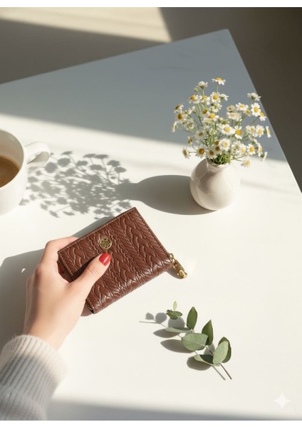 Kahverengi Kabartmalı Örgü Desenli Orta Boy Fermuarlı Kartlık Cüzdan fiyatları