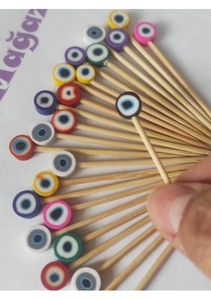 100 Adet Dekoratif Renkli Nazar Boncuklu Kokteyl Kürdanı 6,5 cm - Nazarboncuklu Pasta Kürdanı modelleri