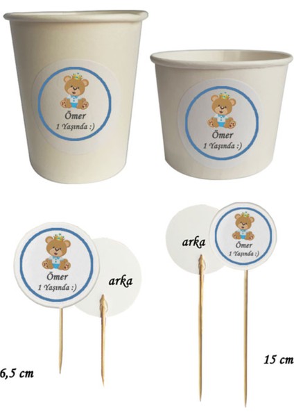 40 Parça Kişiye Özel Mavi Ayıcıklı 1 Yaş Baskılı Kürdan Seti Bardak Kase Kısa ve Uzun Kürdan