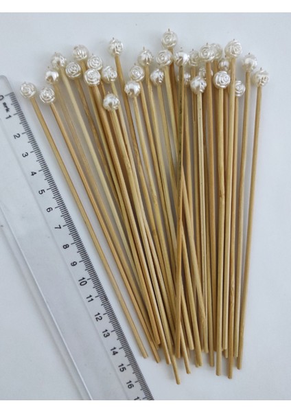 15 cm Uzun Kürdan - 30 Adet Dekoratif Küçük Gül Inci Boncuklu Kokteyl Kürdanı