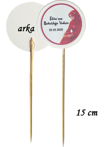 15 cm Uzun Kürdan - 20 Adet Kişiye Özel Yuvarlak Bayraklı Kına Hatırası Pasta Kürdanı -3