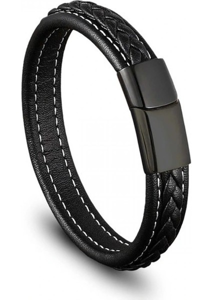 Siyah & Siyah Saç Örgülü Deri ve Çelik Bileklik 33513B8D12
