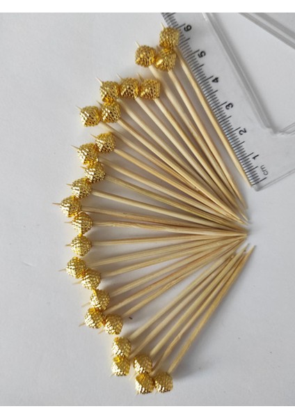100 Adet Dekoratif Gold Böğürtlen Boncuklu Pasta Kürdanı Lokumluk 6,5 cm - Boncuk 8 mm