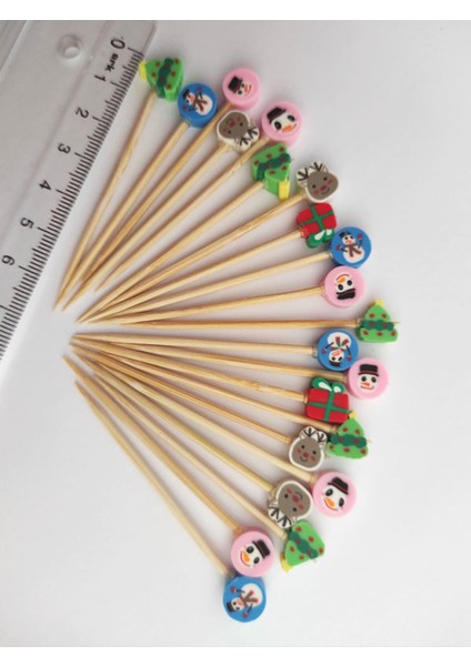 100 Adet Dekoratif Yılbaşı Temalı Boncuklu Kürdan 6,5 cm - Karışık Model - Happy New Year Toothpick