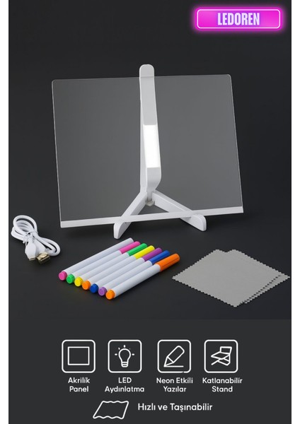 Js-01 Akrilik Lüminesan Işıklı Yazı Tablet | LED | 20X30CM | USB Bağlantı | Neon Kalem | Silinebilir