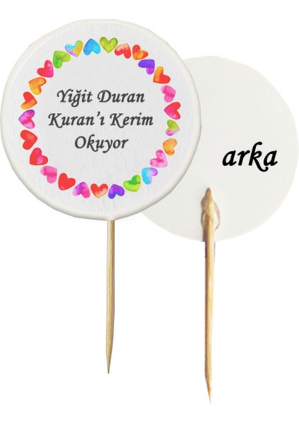 20 Adet Dekoratif Kişiye Özel Renkli Kalpli Kur'an-I Kerim Okuyor Baskılı Kürdanı 6,5 cm