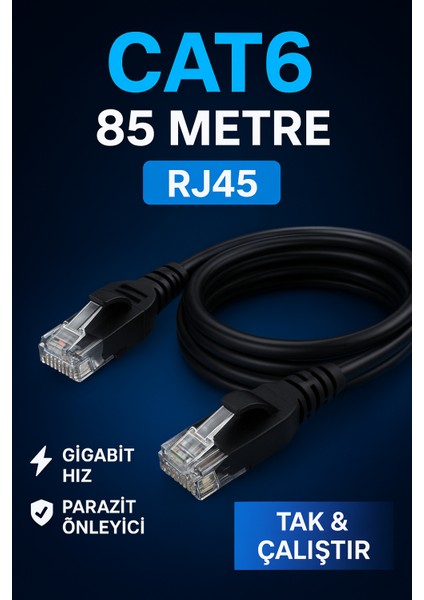 85 Metre Siyah Renk Cat6 Internet Bilgisayar, Modem , Ip Kamera RJ45 Ethernet Patch Kablo modelleri