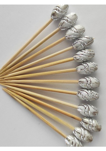 50 Adet Dekoratif Lüks Gümüş Varaklı Yaldız Boncuklu Pasta Kürdanı 6,5 cm - Boncuk 12 mm