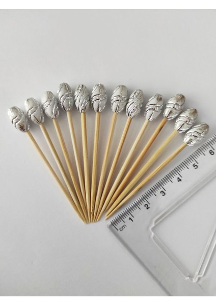 50 Adet Dekoratif Lüks Gümüş Varaklı Yaldız Boncuklu Pasta Kürdanı 6,5 cm - Boncuk 12 mm fiyatları