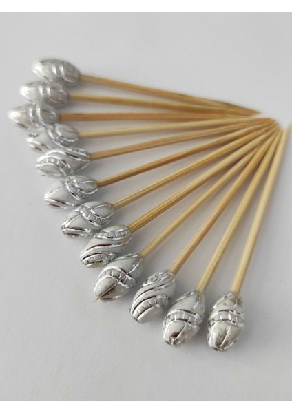 50 Adet Dekoratif Lüks Gümüş Varaklı Yaldız Boncuklu Pasta Kürdanı 6,5 cm - Boncuk 12 mm modelleri