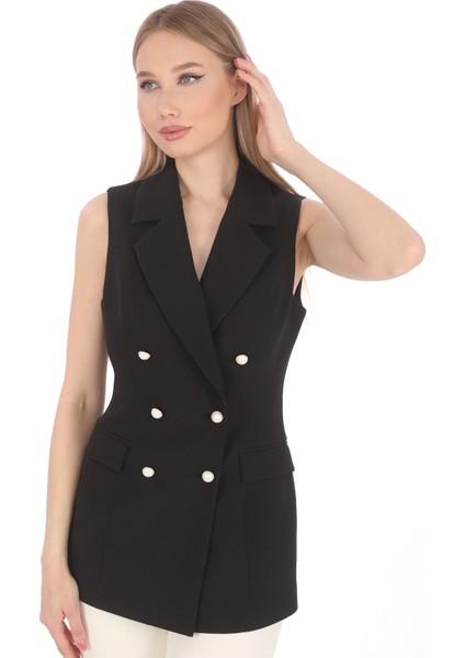Siyah Slim Fit Krep Inci Düğmeli Trendy Kruvaze Yelek - En Şık, Rahat ve Çok Yönlü Tasarımı