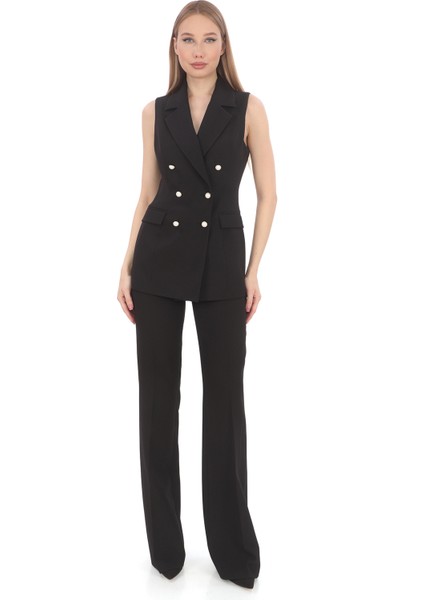 Siyah Slim Fit Krep Inci Düğmeli Trendy Kruvaze Yelek - En Şık, Rahat ve Çok Yönlü Tasarımı