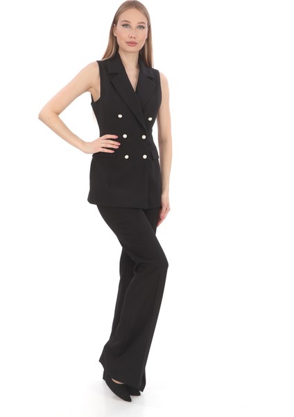 Siyah Slim Fit Krep Inci Düğmeli Trendy Kruvaze Yelek - En Şık, Rahat ve Çok Yönlü Tasarımı