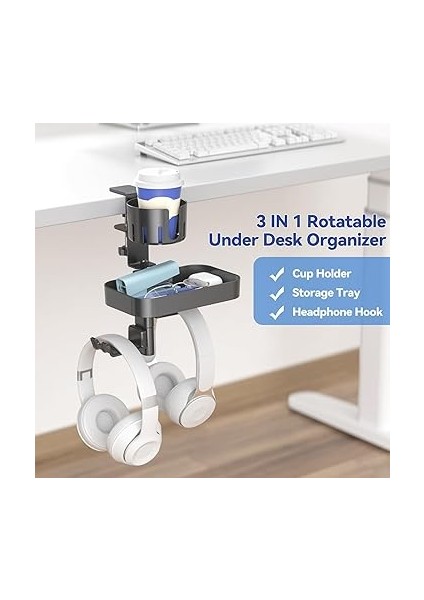 2 Kulaklık Kancalı Masa Altı Düzenleyici - Bardak Tutuculu Gizli Saklama Çekmecesi Tepsisi - Delme Yok Sağlam Döner C-Kelepçe Ofis Okul Ev Oyun Odası Aksesuarları Için Masaüstü Montajı fiyatları