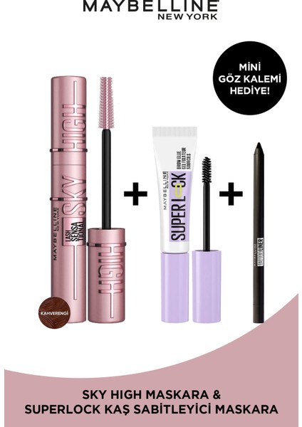 Lash Sensational Sky High Kahverengi + Super Lock Brow Glue Kaş Sabitleyici Maskara + Mny Tat.liner Gel Pencil Mini Maskara Hediyeli