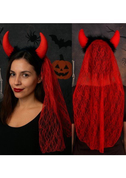 Cadılar Bayramı Kırmızı Şeytan Boynuzlu Duvaklı Taç Halloween Parti Aksesuarı