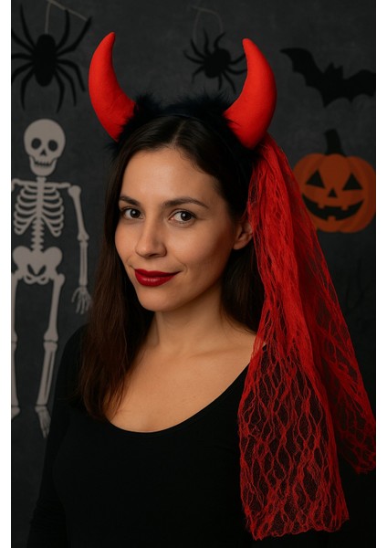 Cadılar Bayramı Kırmızı Şeytan Boynuzlu Duvaklı Taç Halloween Parti Aksesuarı fiyatları