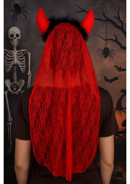 Cadılar Bayramı Kırmızı Şeytan Boynuzlu Duvaklı Taç Halloween Parti Aksesuarı modelleri