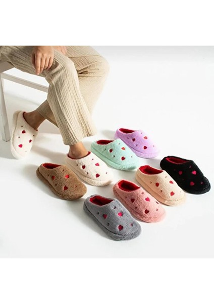 Kadın Peluş Kalpli 3lü Set Evterliği Misafir Bohça Çeyiz Terlik