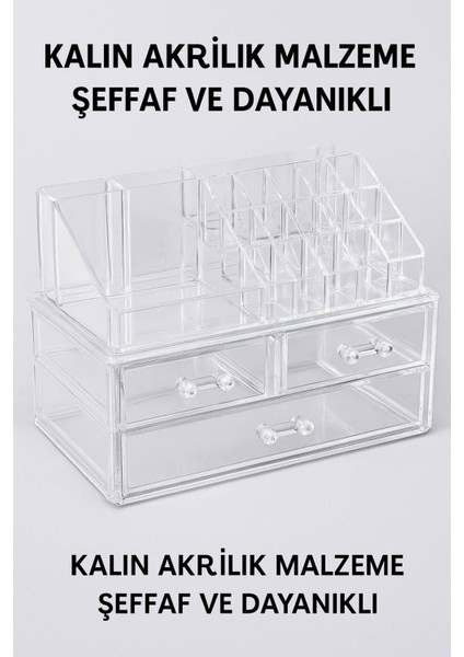 Şeffaf Akrilik Makyaj ve Takı Organizeri – 3 Katlı Çekmeceli Düzenleyici, Kompakt ve Dayanıklı modelleri