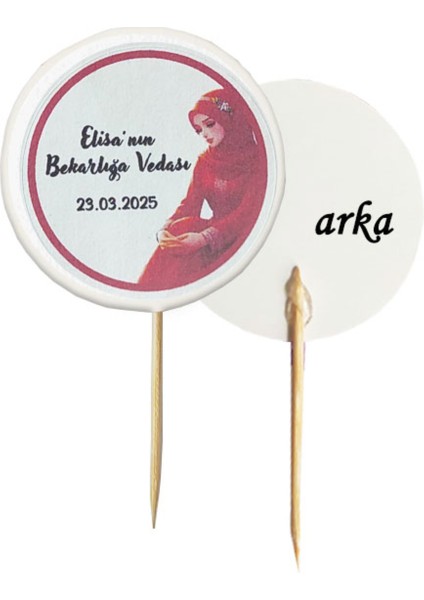 20 Adet Kişiye Özel Yuvarlak Bayraklı Baskılı Kına Hatırası Pasta Kürdanı 6,5 cm -3