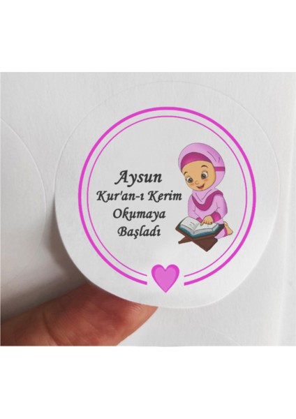 Beyhan Bayhan 48 Adet 4 cm Kişiye Özel Pembe Kız Çocuklu Kuran Okumaya Başladı Baskılı Mat Etiket Sticker -2