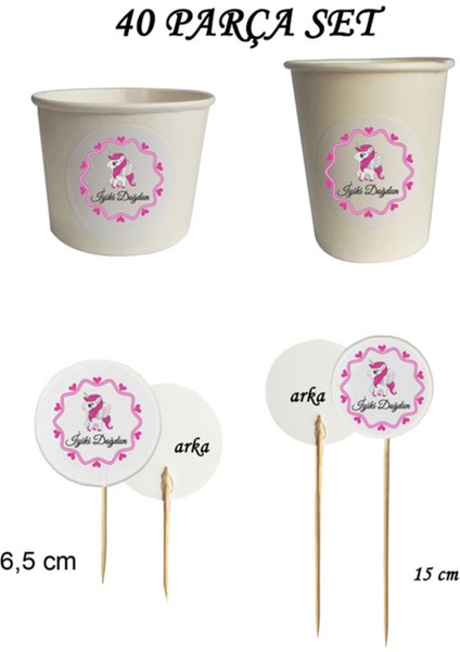 40 Parça Unicorn Boynuzlu At Doğum Günü Kürdan Seti - Bardak Kase Kısa ve Uzun Kürdan
