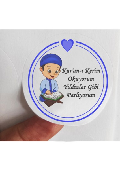 48 Adet 4 cm Mavi Kalpli Kur'an-I Kerim Okuyorum Yıldızlar Gibi Parlıyorum Baskılı Mat Etiket