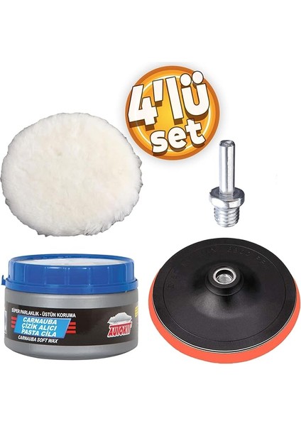 Cila Polisaj Parlatma Yünü Pedi Keçesi SÜNGERI+115 mm Cırt Taban+Matkap Aparatı+Oto Pasta Cila 300 gr (4'lü Set)