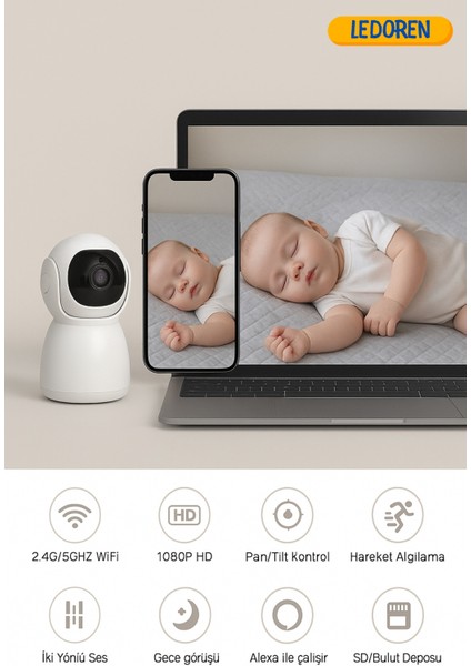 5g Gece Görüşlü 360 Derece LED Işık 1080P Wifi Kamera Kablosuz Panoramik Ev Güvenlik Kamerası fiyatları