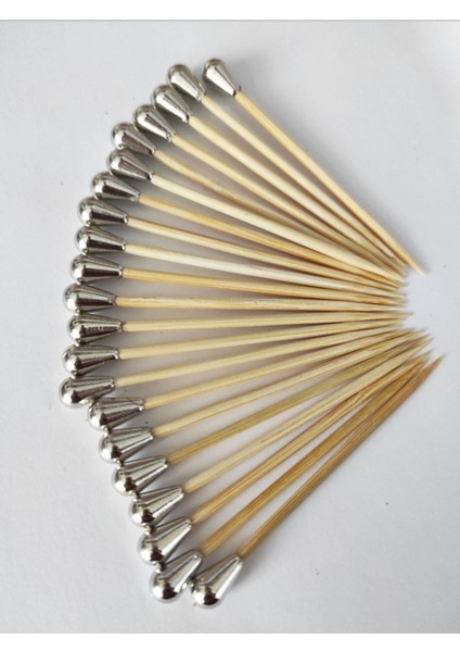 100 Adet Dekoratif Gümüş Mini Damla Inci Boncuklu Pasta Kürdanı 6,5 cm - Boncuk 8 mm