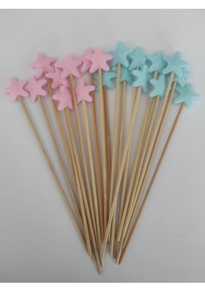 15 cm Uzun Kürdan - 20 Adet Pembe Mavi Deniz Yıldızı Boncuklu Kokteyl Karıştırıcı