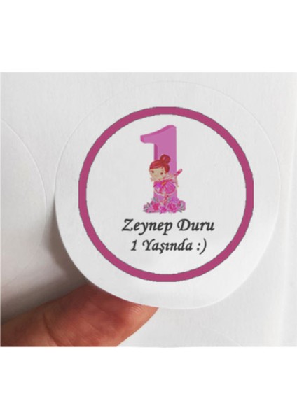 48 Adet 4 cm Kişiye Özel Pembe 1 Yaş Baskılı Mat Etiket Sticker -1