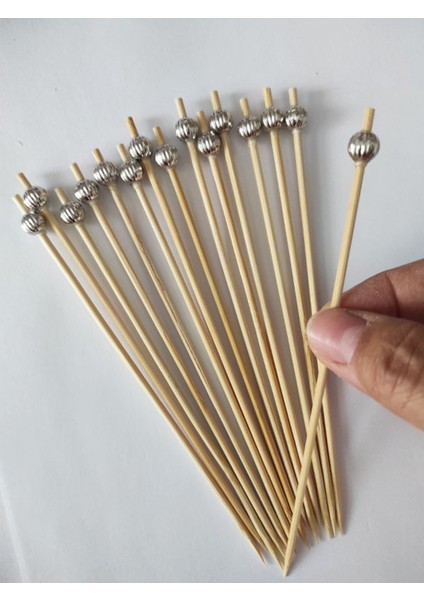 15 cm Uzun Kürdan - 30 Adet Dekoratif Gümüş Çizgili Inci Boncuklu Kokteyl Karıştırıcı modelleri