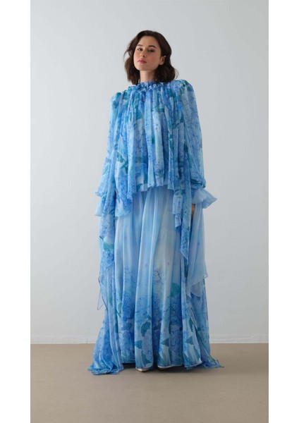 Çiçek Desenli Pantolon Takım Mavi