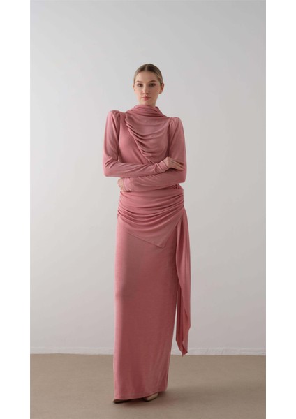 Dökümlü Örme Elbise Pudra