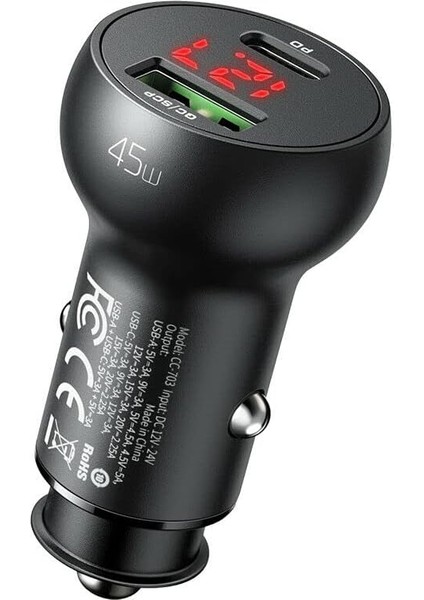 CC-7030 45W 1xtype-C 1xusb Girişli Dijital Göstergeli Araç Çakmak Şarjı- Siyah
