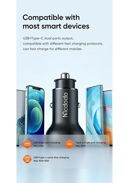 CC-7030 45W 1xtype-C 1xusb Girişli Dijital Göstergeli Araç Çakmak Şarjı- Siyah modelleri