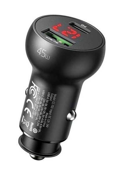 CC-7030 45W 1xtype-C 1xusb Girişli Dijital Göstergeli Araç Çakmak Şarjı- Siyah fırsatları