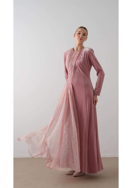 Önü Çapraz Şifon Desenli Kadife Elbise Pudra fiyatları