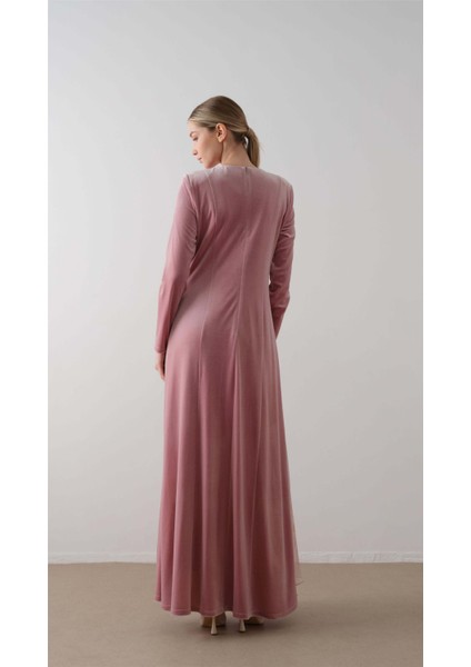 Önü Çapraz Şifon Desenli Kadife Elbise Pudra fırsatları