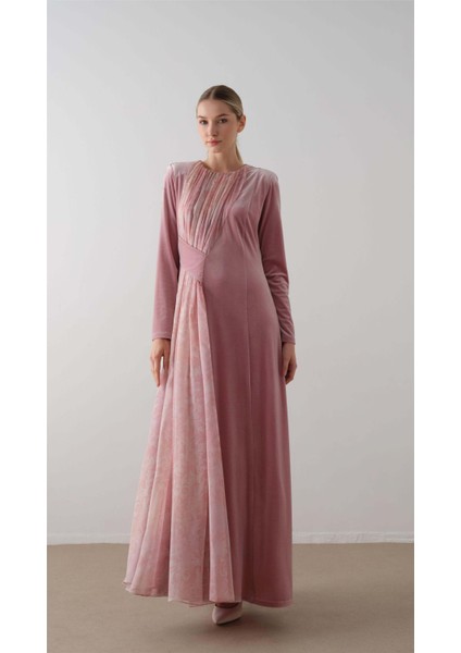 Önü Çapraz Şifon Desenli Kadife Elbise Pudra indirimleri