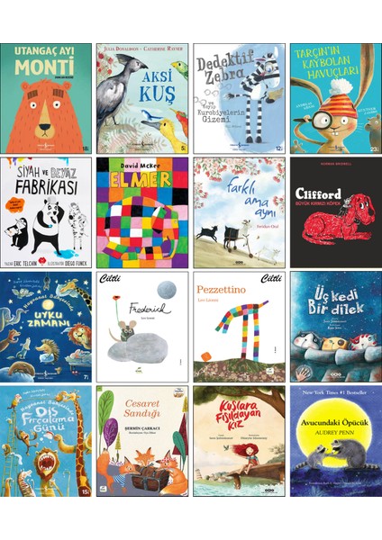 Utangaç Ayı Monti + Aksi Kuş + Dedektif Zebra + Elmer + Farklı Ama Aynı + Hayvanat Bahçesinde Uyku + Frederick + Pezzettino + Üç Kedi Bir Dilek + Kışlara Fısıldayan Kız + Avucundaki Öpücük / 16’lı Set