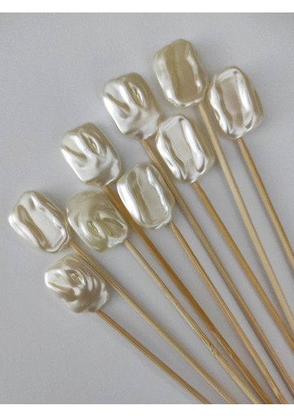 15 cm Uzun Kürdan - 20 Adet Dekoratif Büyük Kare Barok Inci Kokteyl Kürdanı - Inci 20 mm