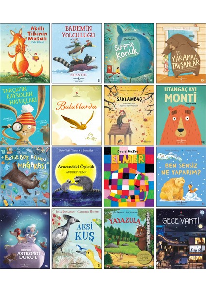 Akıllı Tilkinin Masalı + Badem’in Yolculuğu + Sürpriz Konuk + Şu Yaramaz Tavşanlar + Bulutlarda + Saklambaç + Boz Ayının Mağarası + Avucundaki Öpücük + Elmer + Aksi Kuş + Yayazula + Gece Vakti / 16’lı