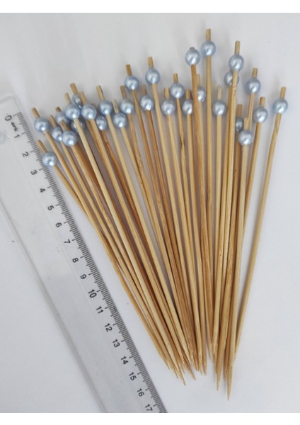 15 cm Uzun Kürdan - 30 Adet Dekoratif Bebe Mavisi Inci Boncuklu Kokteyl Kürdanı